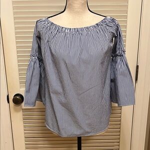 BLVD Striped Peasant Style, Open Back Blouse in Blue and White, Size Small, EUC